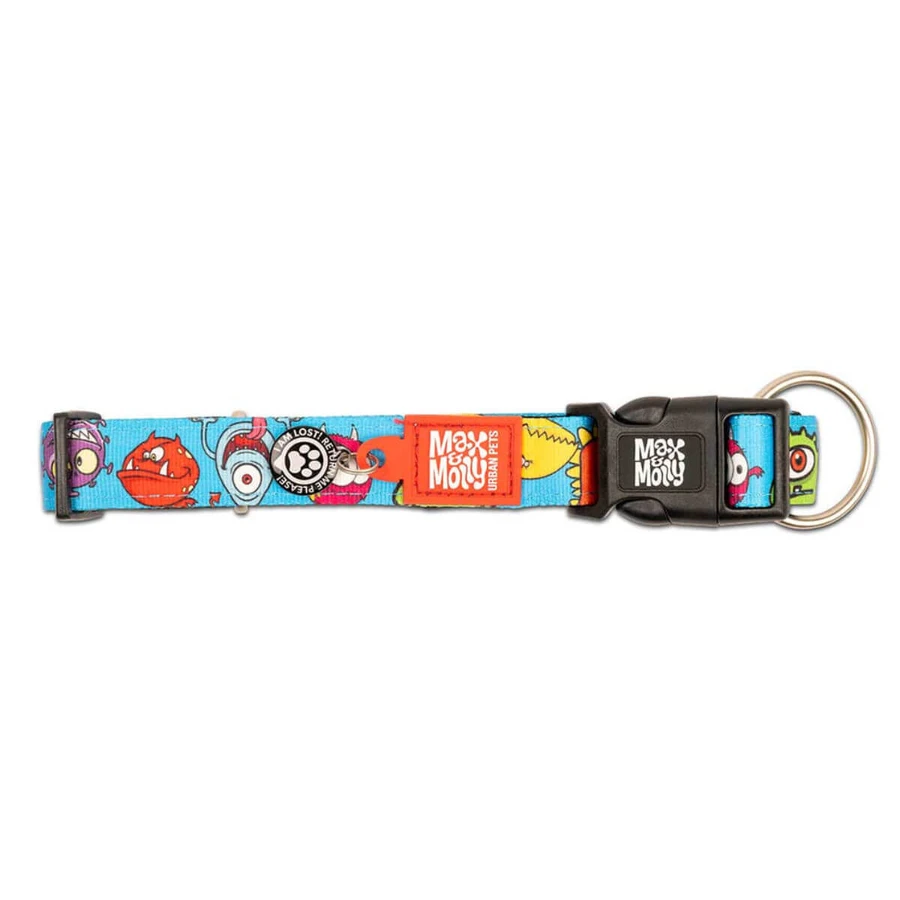 MAX & MOLLY Smart ID Little Monsters, collar para perro, ajustable, poliéster, azul, hebilla tridente, S(28-45 x 1.5cm)