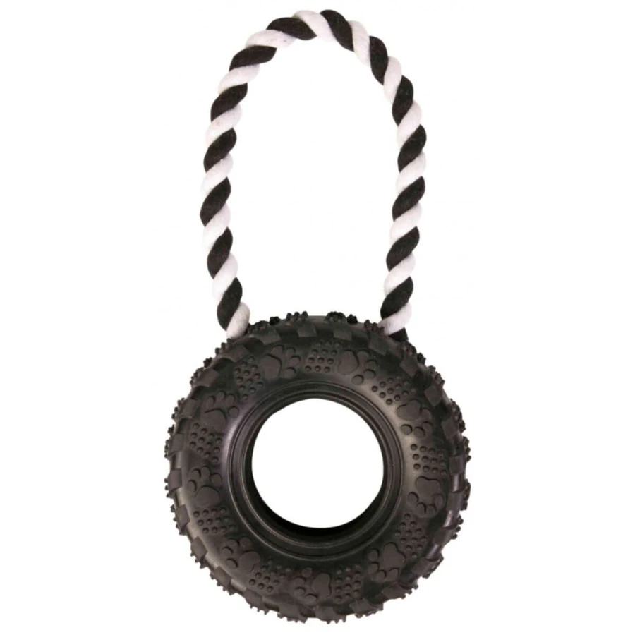 TRIXIE, bandenspeeltje met touwtje voor honden, rubber, 15cm x 32cm, zwart