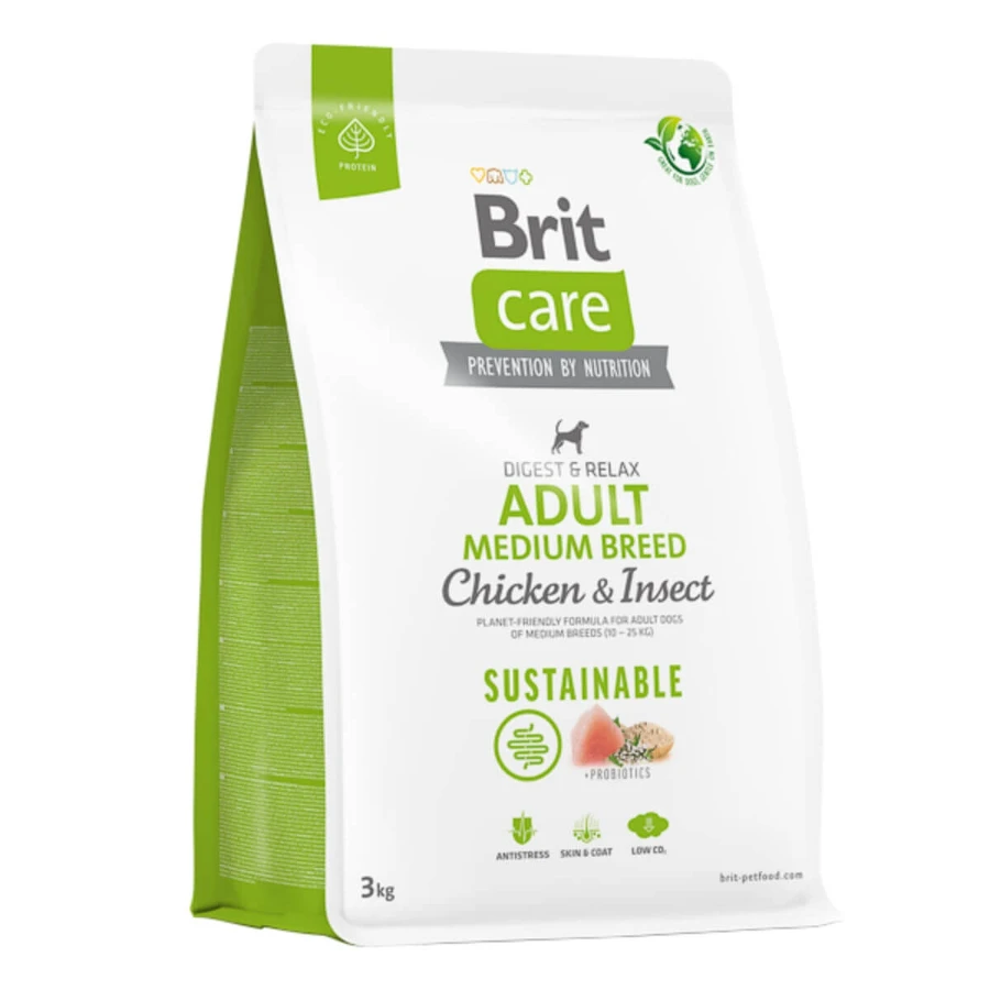BRIT Care Sustainable Adult Medium Breed, M, Pollo e Insectos, alimento seco para perros, sistema digestivo, 3kg