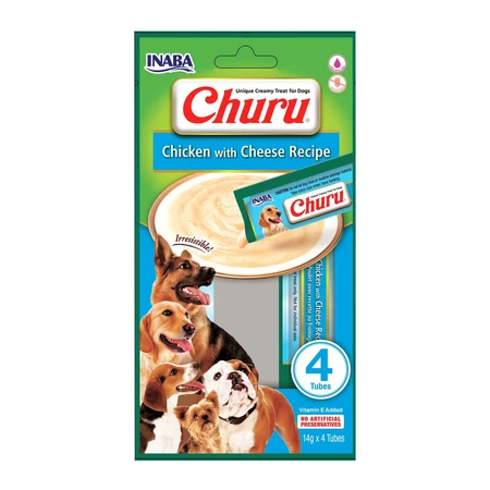 INABA Churu Dog, Kip met Kaas, graanvrije vloeibare hondensnacks, romige topping, 14g x 4