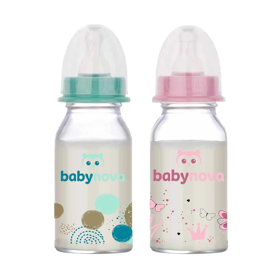 Decorated glass bottle, 0-24 months, 120 ml, BabyNova