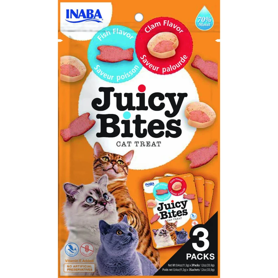 INABA Juicy Bites, Fish and Scallops, pouch, sachet, cereal-free cat food rewards, semi-malist, 33g