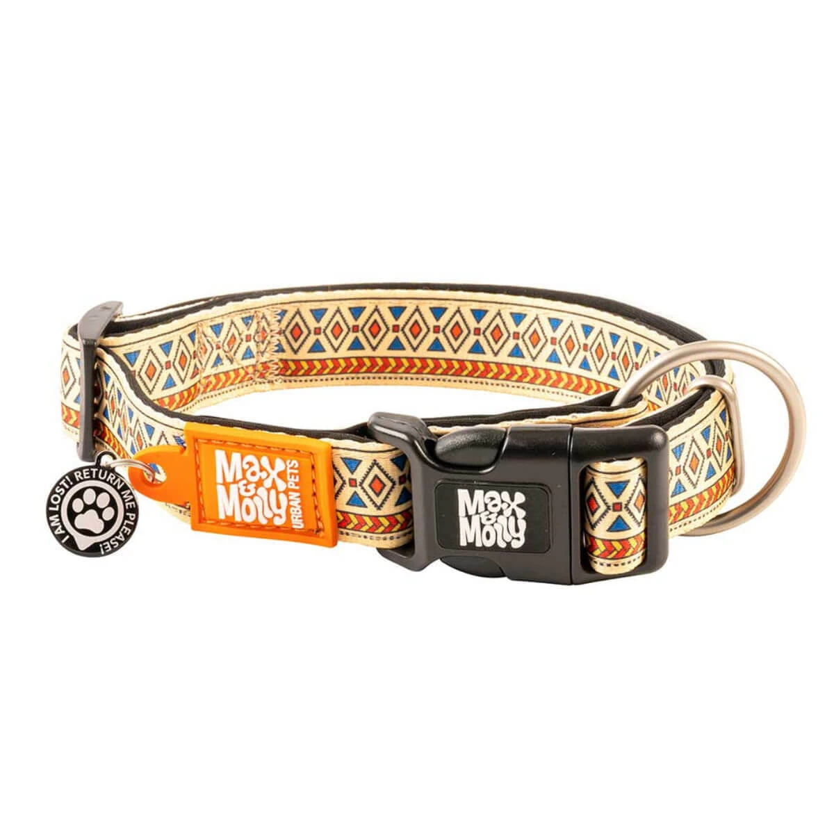 MAX & MOLLY Smart ID Etnische ID, hondenhalsband, verstelbaar, polyester, beige, drietand gesp, M(34-55 x 2cm)