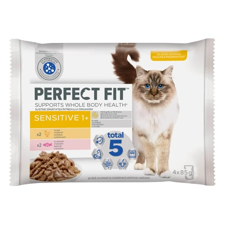 PERFECT FIT Cat Sensitive 1+ , Pollo y Salmón, comida húmeda en sobres, sistema digestivo, (en salsa), multipack, 85g x 4pcs