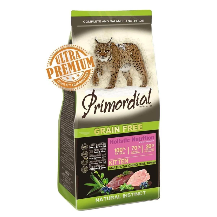 PRIMORDIAL Holistic Holistic Kitten, Ente und Pute, getreidefreies Trockenfutter für junge Katzen, 400g