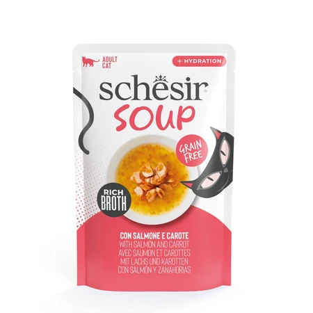 SCHESIR Complementary Soup, Salmon and Carrot, sachet cereal-free wet cat food, (in soup), 40g