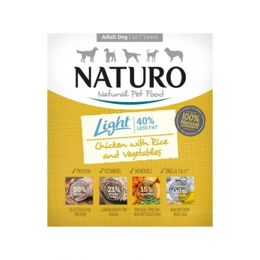 NATURO Low Grain Light, XS-L, Pollo y Verduras, bandeja de comida húmeda para perros con bajo contenido en cereales, control de peso, (en aspic), 400g