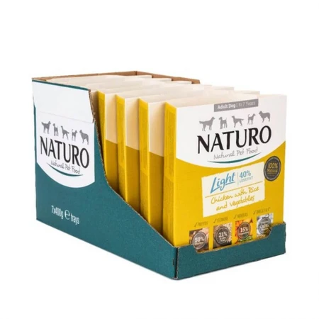 NATURO Low Grain Light, XS-L, Pollo y Verduras, bandeja de comida húmeda para perros con bajo contenido en cereales, control de peso, (en aspic), 400g