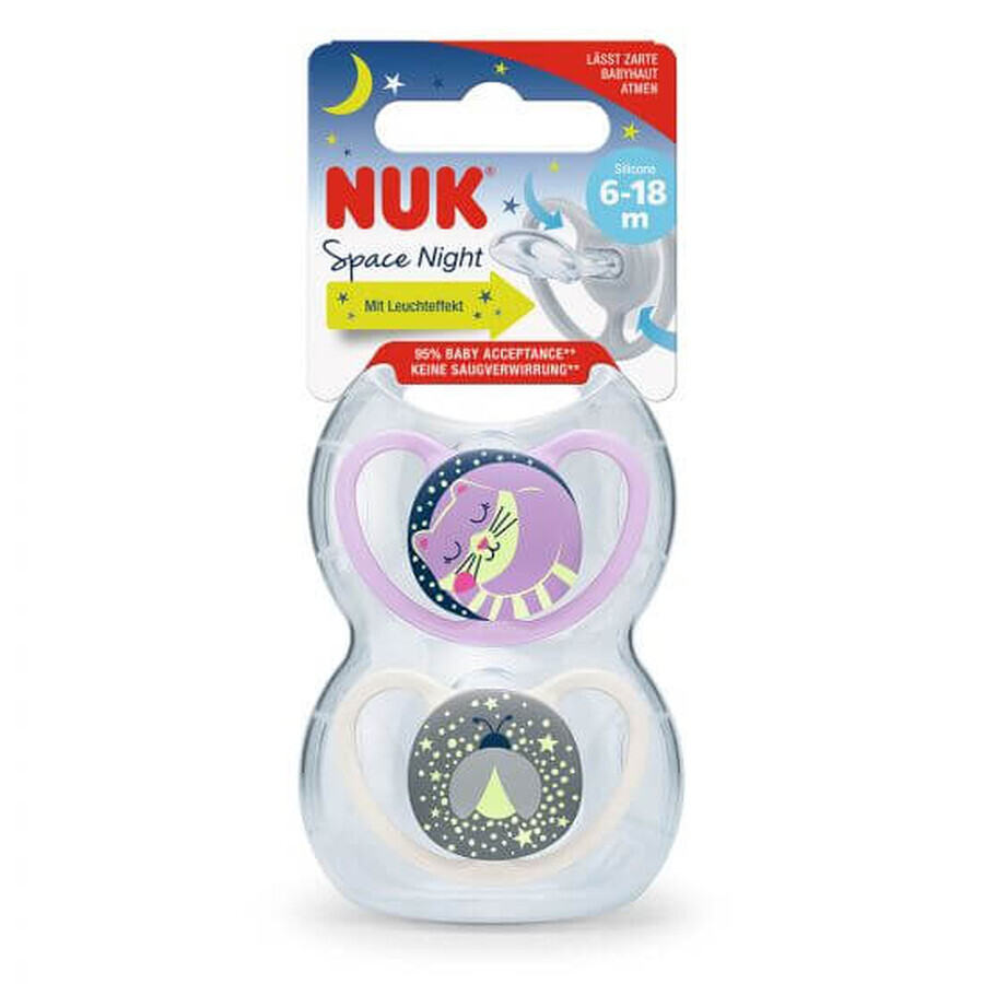 Ciuccio in silicone per bambine Space Nigh, 2 pezzi, 6-18 mesi, Nuk