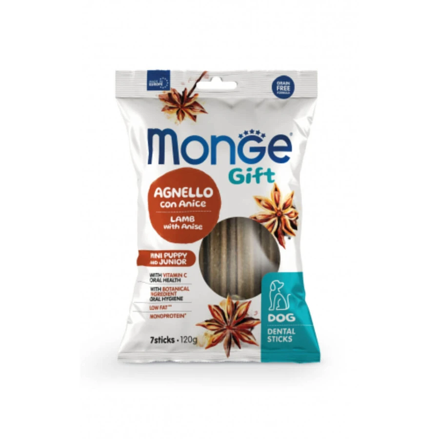 MONGE Gift Puppy&Junior Mini Dental Sticks, XS-S, Miele e Anice, sacchetto di ricompensa funzionale senza cereali per cani junior, 120g