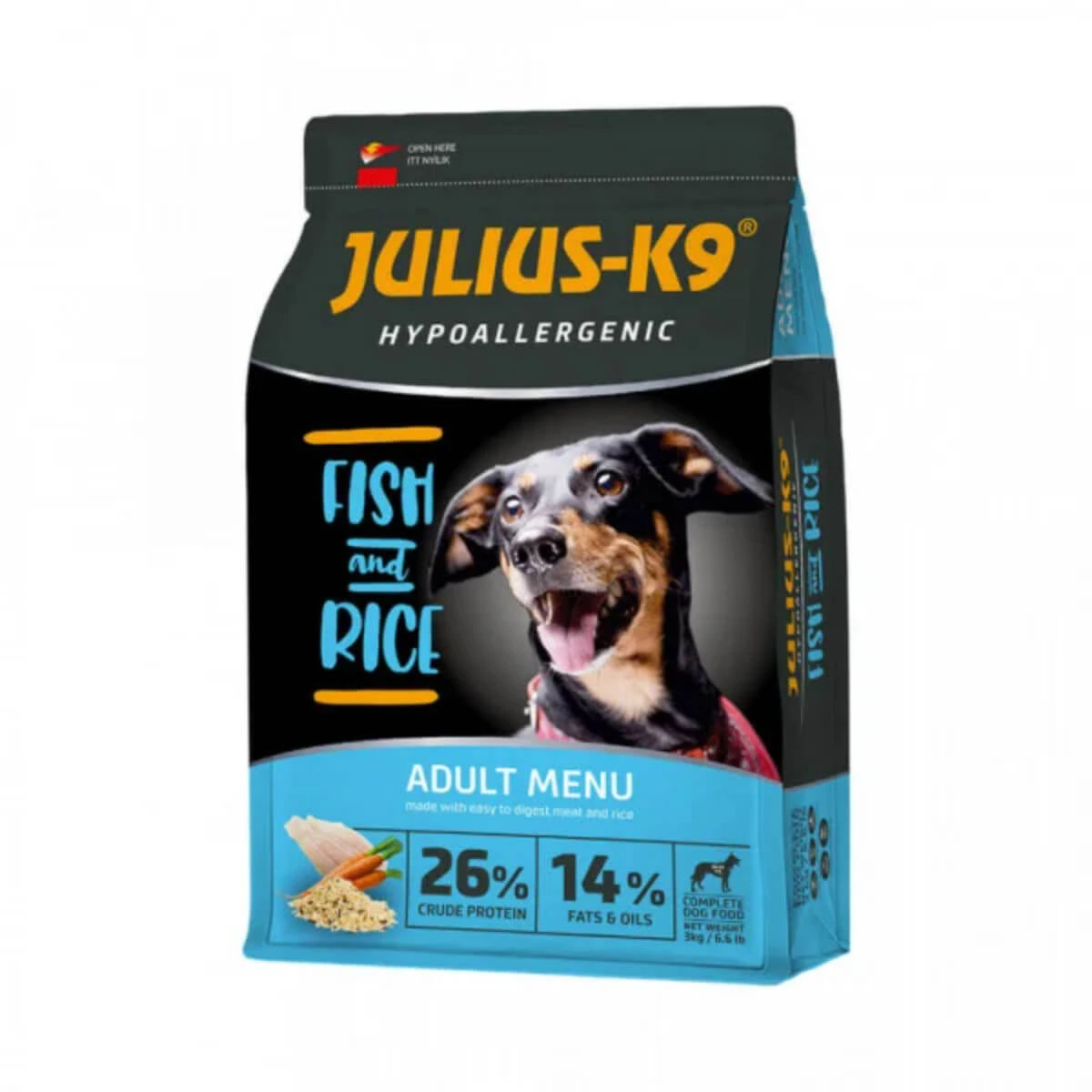 JULIUS-K9 Hypoallergenic Adult Menu, XS-XL, Vis en Rijst, droogvoer voor honden, allergieën, 3kg