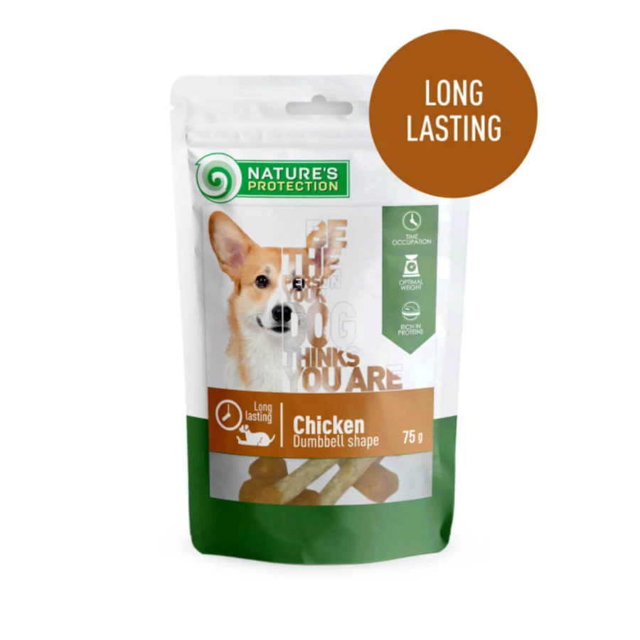 NATURES PROTECTION Dumbbell Shape, XS-XL, Kip, beloningszakje honden, 75g