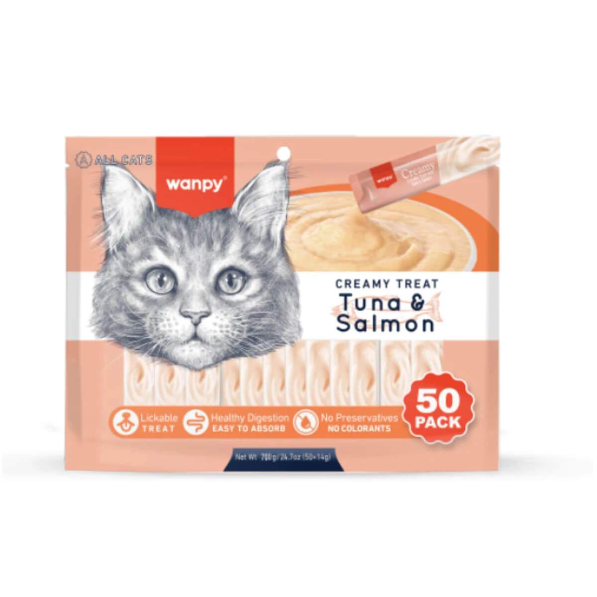 WANPY Creamy Treat, tonijn en zalm, zakje voor katten (puree), 700g