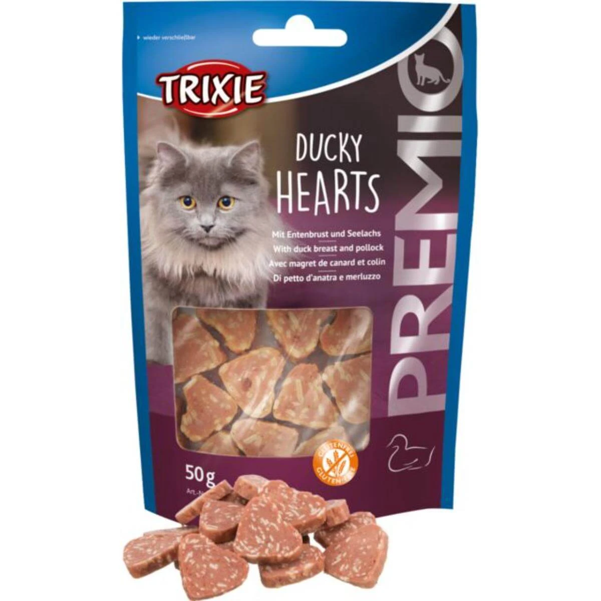 TRIXIE Premio Hartjes, Eend en Kabeljauw, graanvrij beloningszakje voor katten, 50g