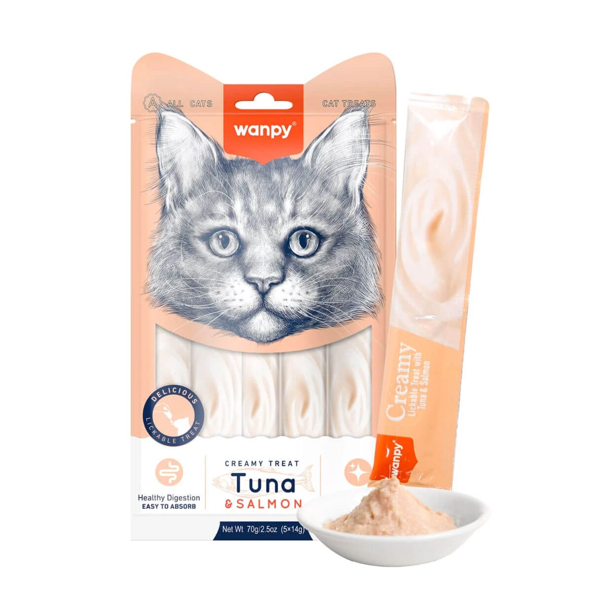 WANPY Creamy Treat, tonijn en zalm, zakje voor katten, (puree), 70g