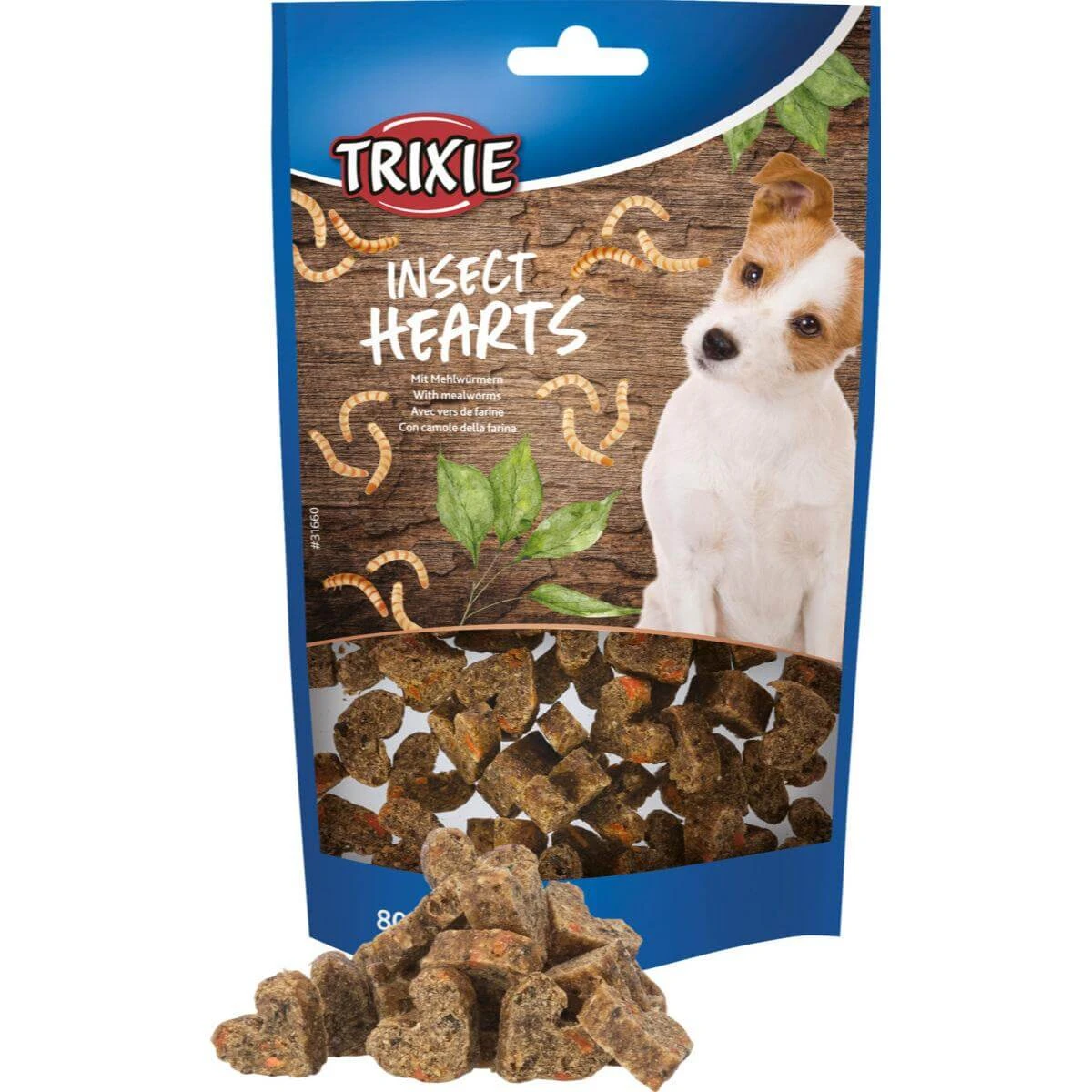TRIXIE Hartjes, XS-XL, Insecten, graanvrij beloningszakje voor honden, allergieën, 80g