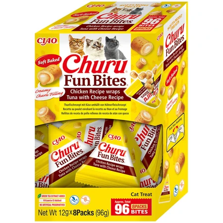 INABA Churu Churu Fun Bites, Pollo e Formaggio, scatola di ricompensa per gatti senza cereali, 96g