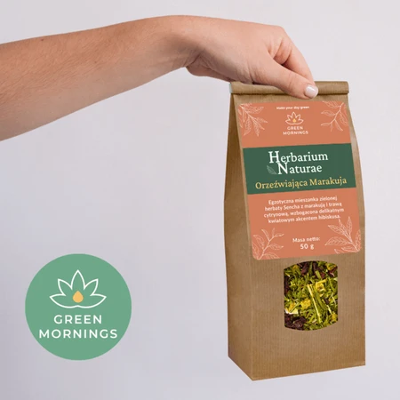 Green Mornings, Herbarium Naturae, Verfrissende Maracuja, samenstelling van groene thee, 50 g.