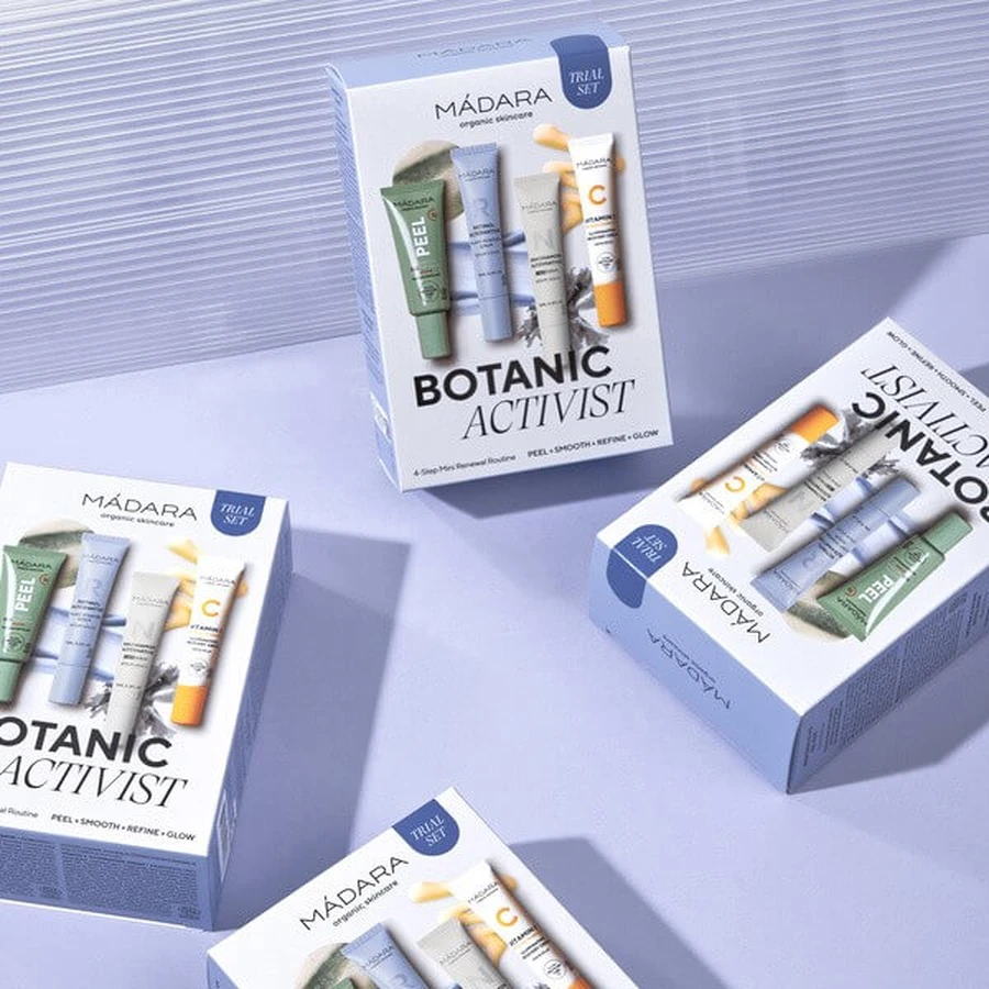 Madara Botanic Activist set, antirimpelserum, 15 ml + natuurlijk serum, 15 ml + peelingmasker, 17 ml + vitamine C crème, 15 ml