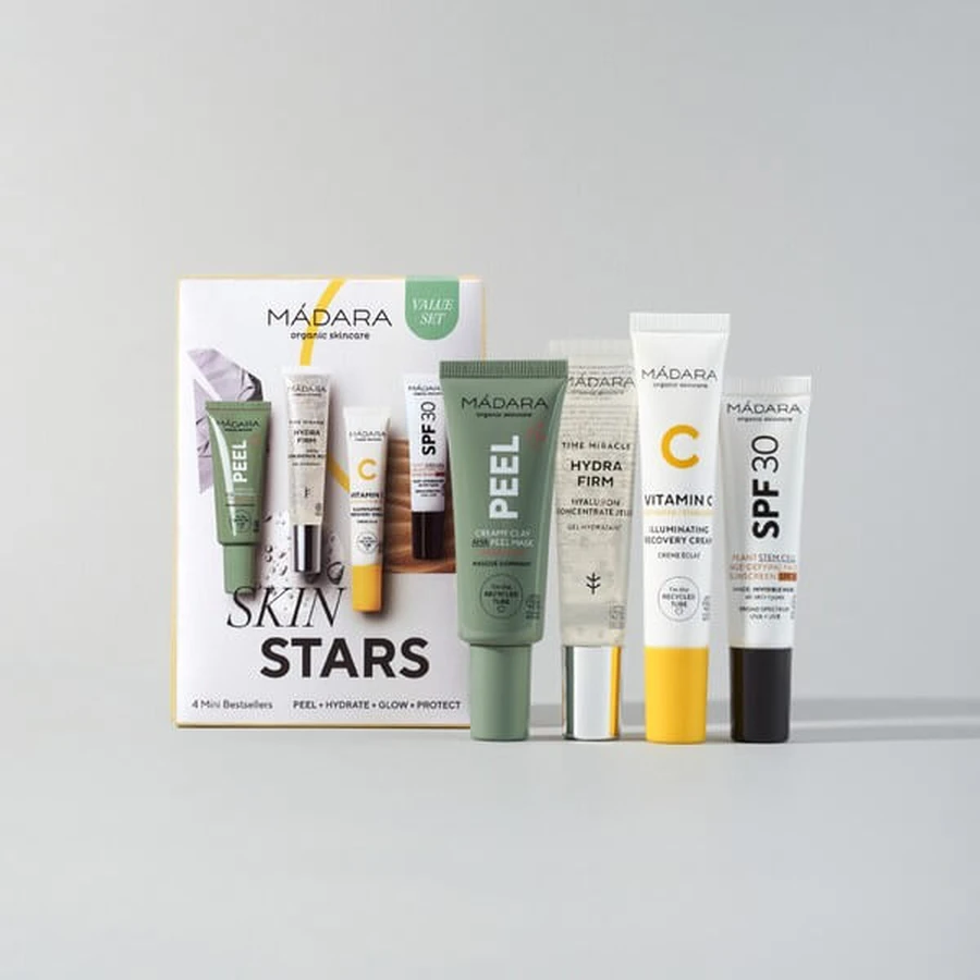 Madara Skin Stars 4 Mini Bestseller Set, mascarilla, 17 ml + suero hidratante, 15 ml + crema vitamina C, 15 ml + crema antiarrugas, 10 ml