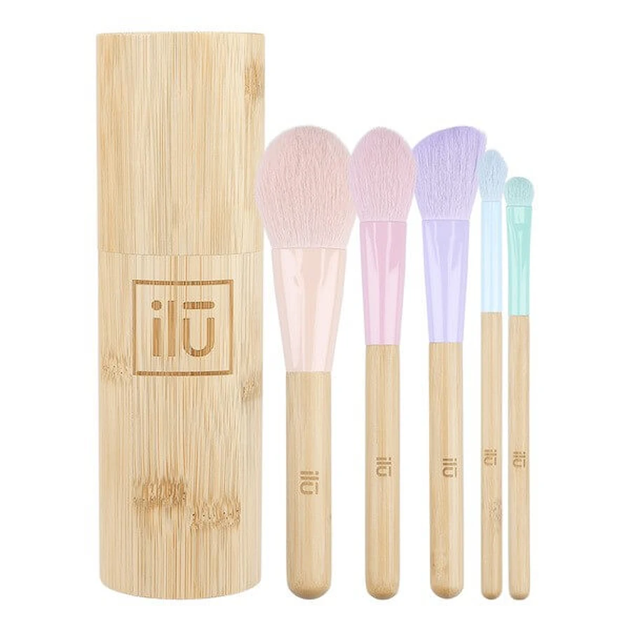 Ilu BambooM!, set di 5 pennelli per il trucco + tubo in bambù per la conservazione