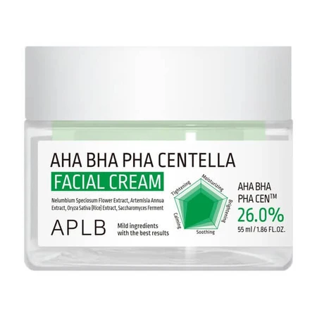 APLB AHA BHA PHA Centella Facial Cream, crème exfoliante et apaisante à base d'acides et de Centella Asiatica, 55 ml