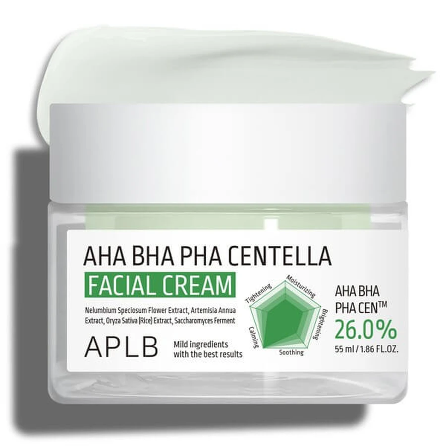 APLB AHA BHA PHA Centella Facial Cream, crème exfoliante et apaisante à base d'acides et de Centella Asiatica, 55 ml