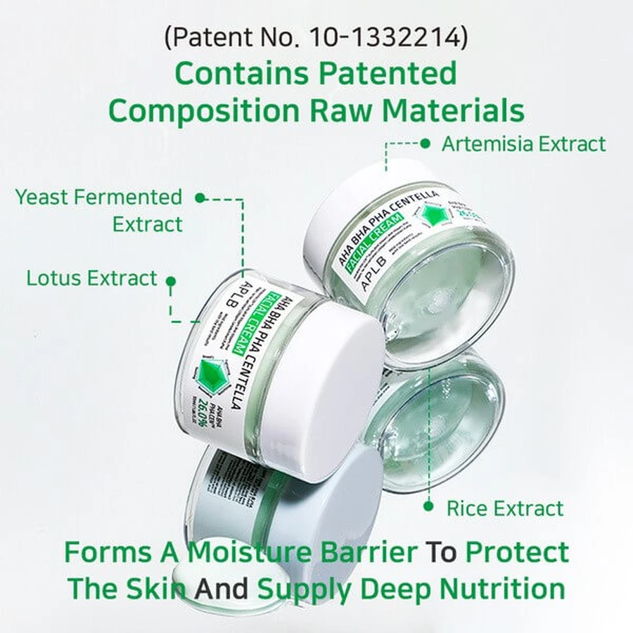 APLB AHA BHA PHA Centella Facial Cream, crème exfoliante et apaisante à base d'acides et de Centella Asiatica, 55 ml