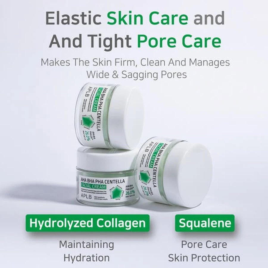 APLB AHA BHA PHA Centella Facial Cream, crème exfoliante et apaisante à base d'acides et de Centella Asiatica, 55 ml