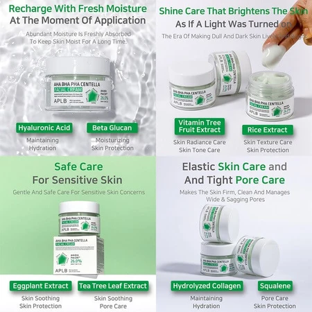 APLB AHA BHA PHA Centella Facial Cream, crème exfoliante et apaisante à base d'acides et de Centella Asiatica, 55 ml