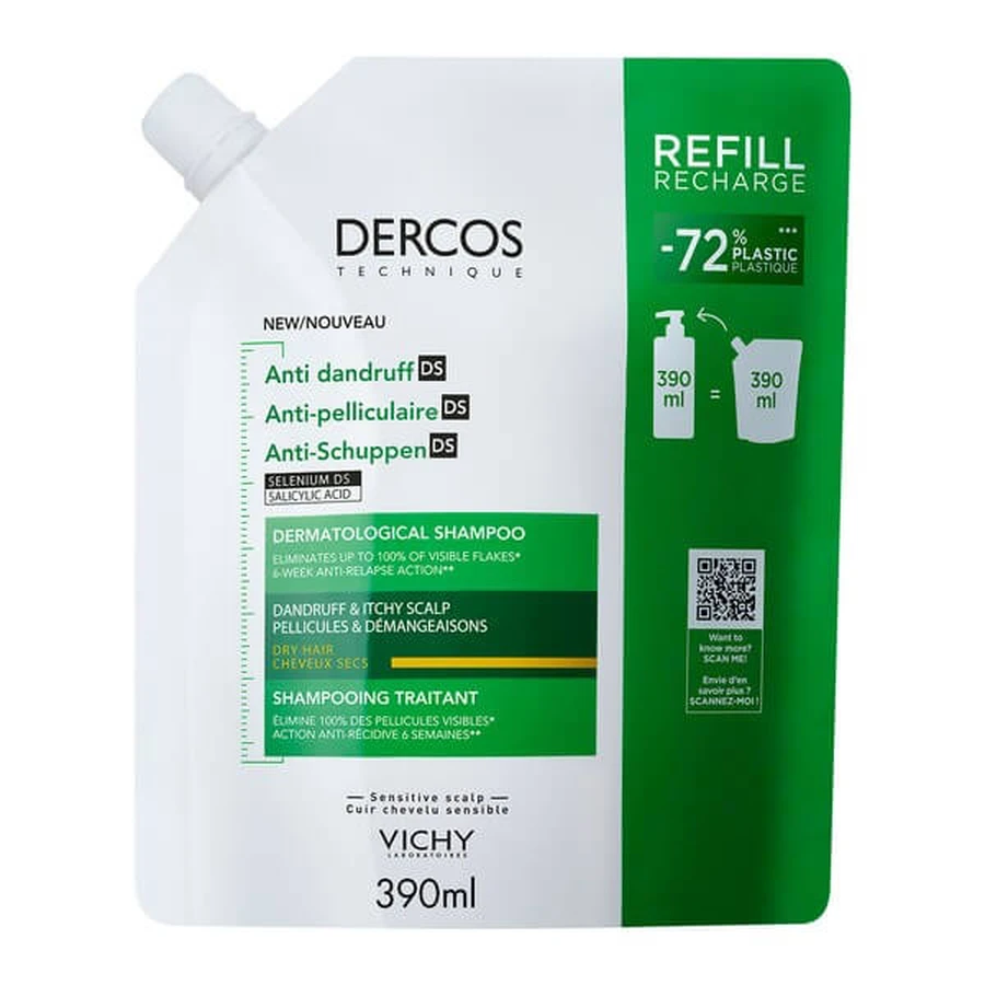 Set Dercos DS, shampoo antiforfora, capelli secchi, 390 ml + confezione di ricarica, 390 ml