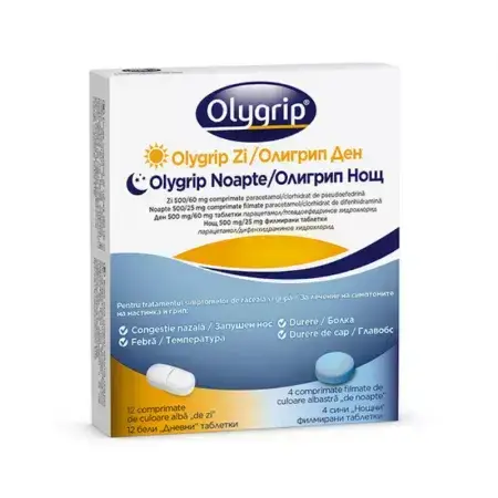 Olygrip Day 500/60mg +Olygrip Night 500/25mg, 500/25mg, 12 tablets + 4 film-coated tablets, McNeil