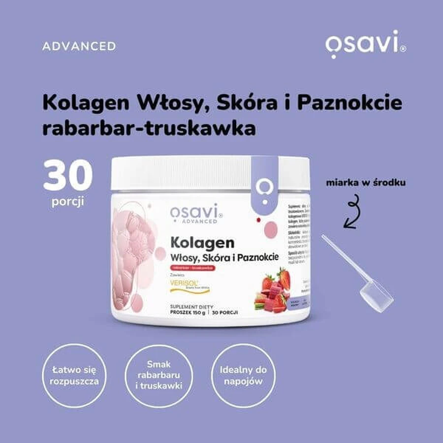Osavi Collagène Cheveux, Peau et Ongles, poudre, saveur rhubarbe-fraise, 150 g