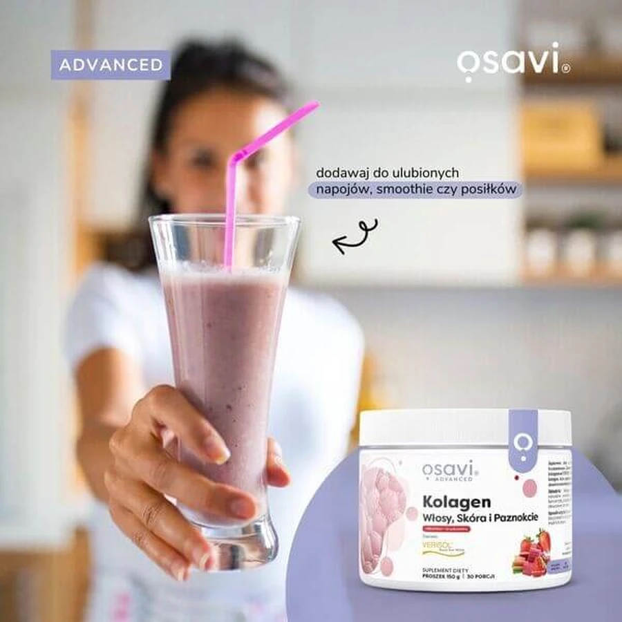 Osavi Collagène Cheveux, Peau et Ongles, poudre, saveur rhubarbe-fraise, 150 g