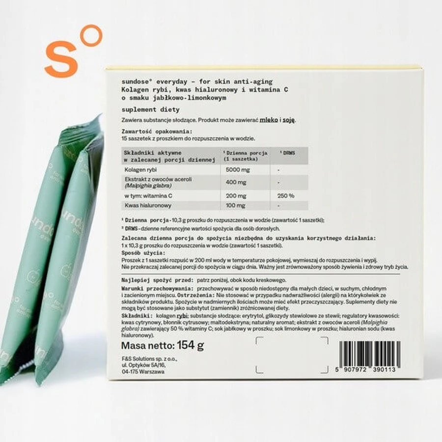 Sundose Everyday For Skin Anti-Aging, poederzakjes, appel-limoen smaak, 15 st.