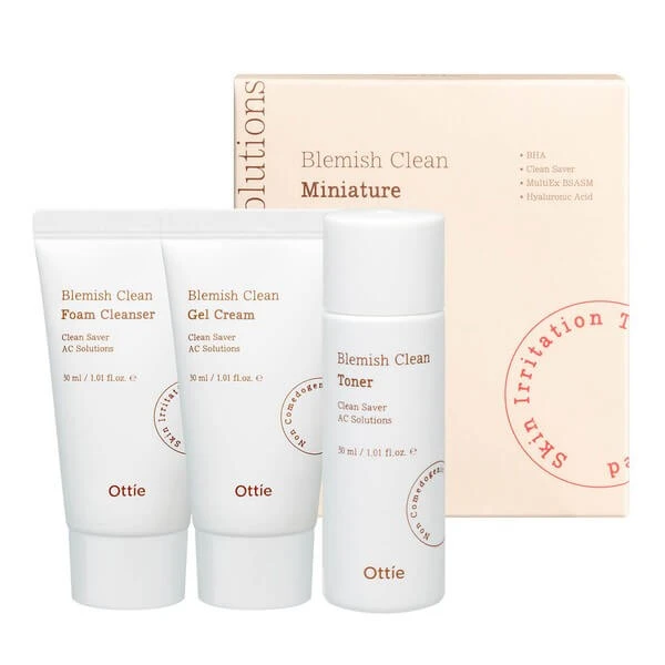 OTTIE Blemish Clean Miniature Set, acne huidverzorgingsset met toner, crème-gel en foam, 3 x 30 ml