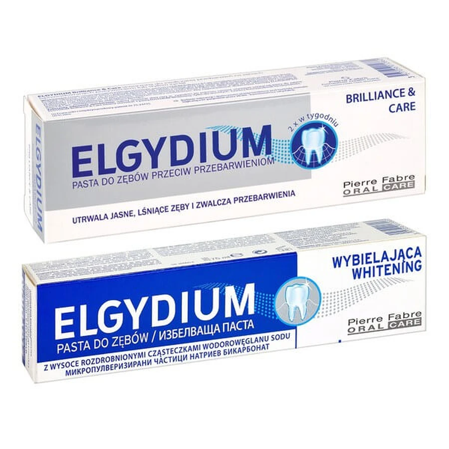 Set Elgydium Whitening, pasta dentífrica blanqueadora, 75 ml + Elgydium Brilliance &amp; Care, pasta dentífrica antimanchas, 30 ml