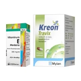 Set Kreon Travix, 10,000, enteral capsules, 50 pcs. (bottle) + Vitaminum E, (300 mg / ml), drops, 10 ml (Medana)