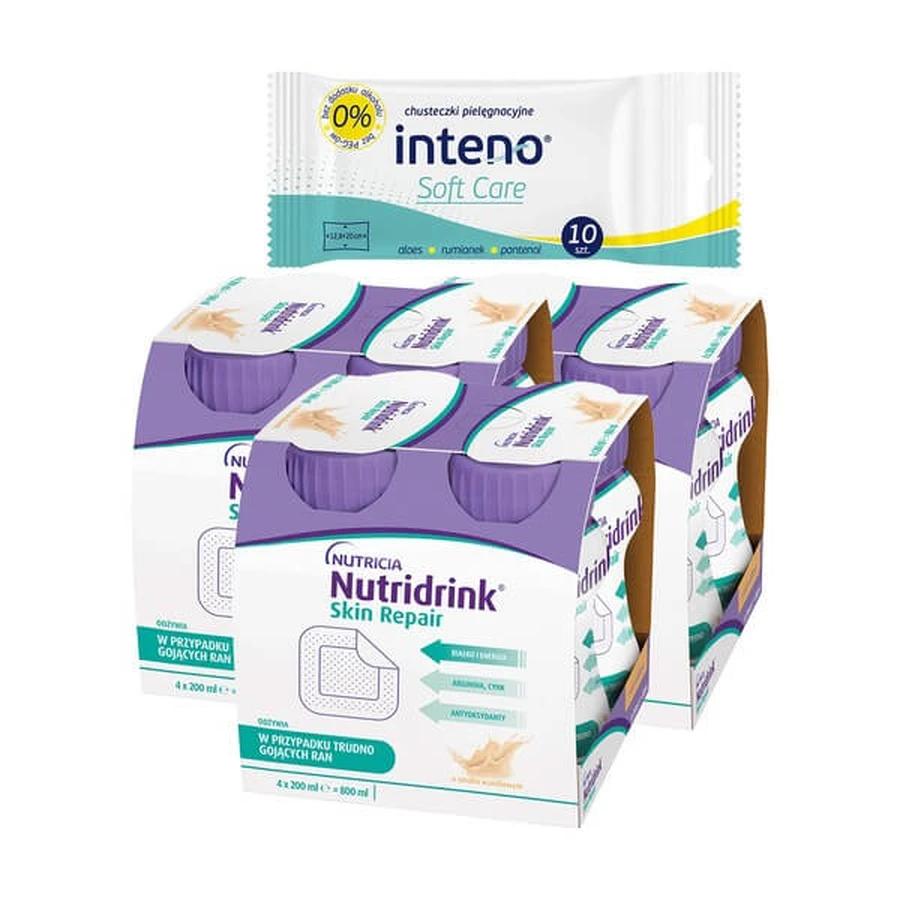 Set van 3 x Nutridrink Skin Repair, vanillesmaak, vloeibaar, 4 x 200 ml + INTENO Soft Care, verzorgingsdoekjes, 10 stuks.
