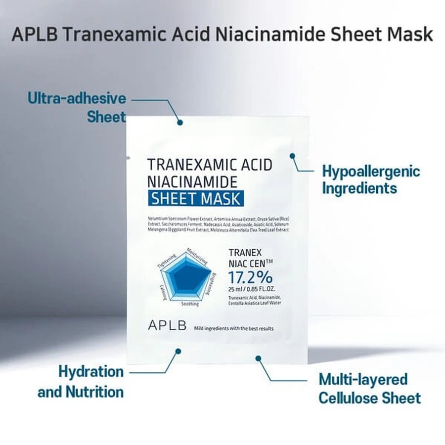 APLB Tranexamic Acid Niacinamide Sheet Mask, mascarilla iluminadora con ácido tranexámico y niacinamida, 25 ml