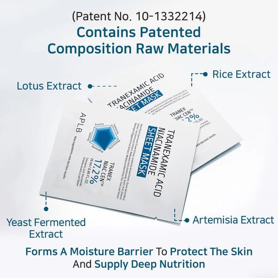 APLB Tranexamic Acid Niacinamide Sheet Mask, mascarilla iluminadora con ácido tranexámico y niacinamida, 25 ml