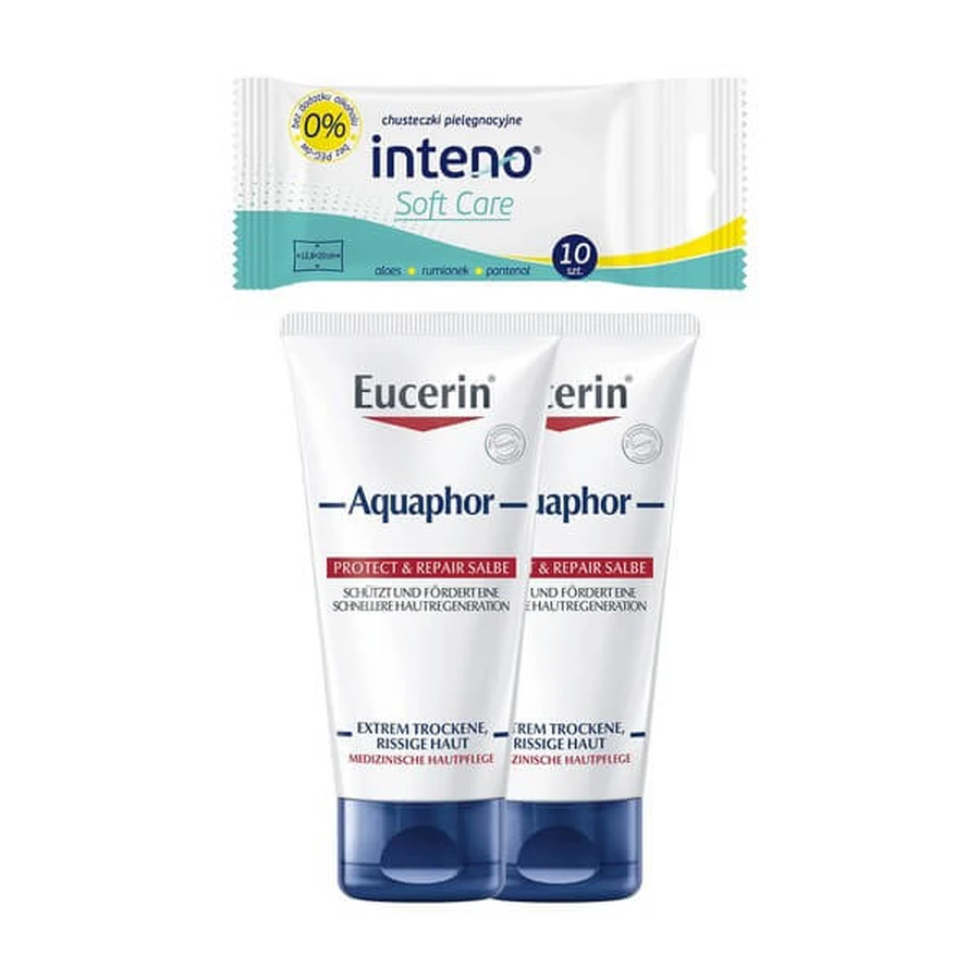 Set van 2 x Eucerin Aquaphor, regenererende zalf voor droge, gebarsten en geïrriteerde huid + INTENO Soft Care, verzorgende doekjes, 10 stuks.
