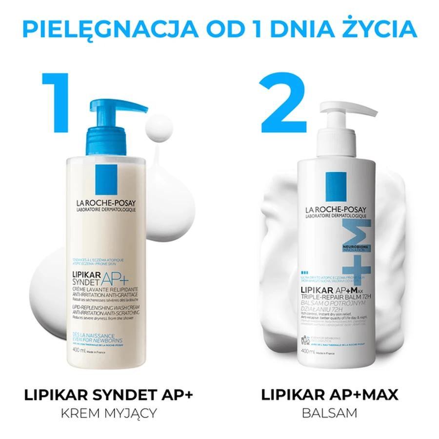 Zestaw La Roche Posay Lipikar, Syndet AP+, krem myjący uzupełniający poziom lipidów, przeciw podrażnieniom skóry, 400 ml + Baume AP+Max, balsam o potr: ceny i cechy