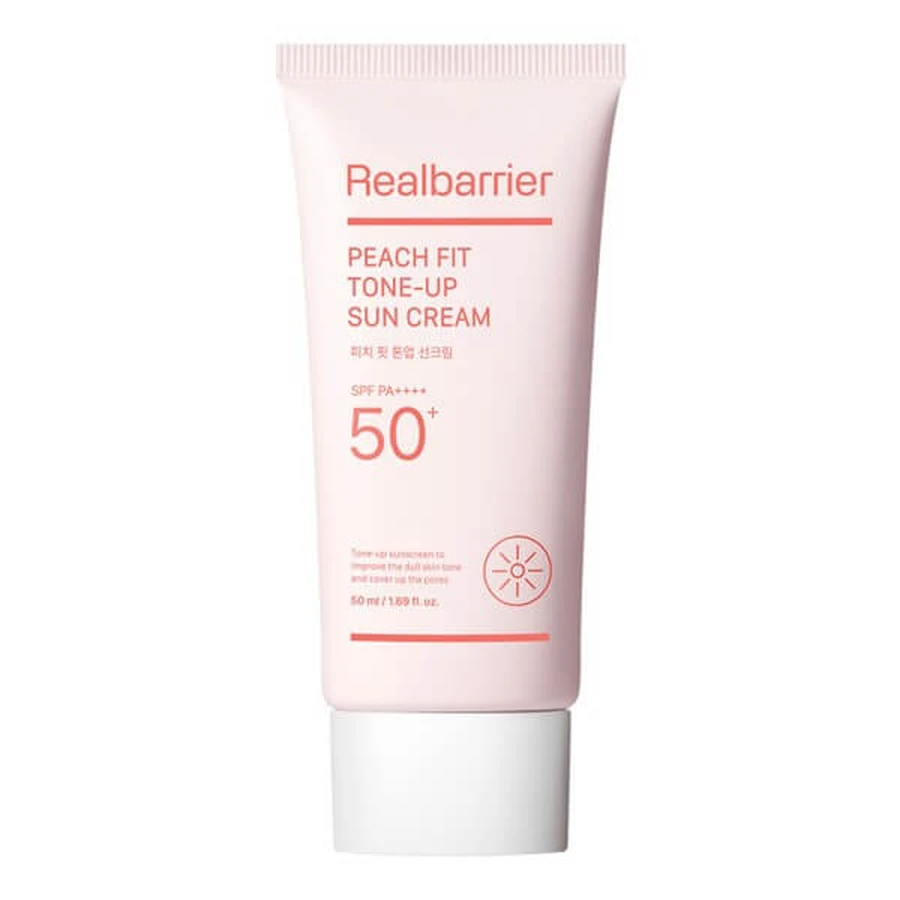 Real Barrier Peach Fit Tone-Up Sun Cream SPF50+ PA++++, hydraterende zonnecrème met verhelderend effect, 50 ml.