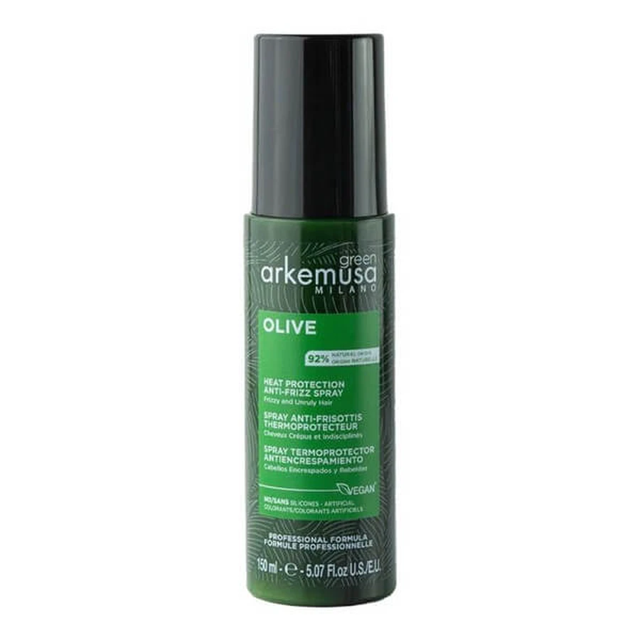 Green Arkemusa Olive Anti-Frizz Spray, spray thermoprotecteur pour cheveux crépus et indisciplinés, 150 ml