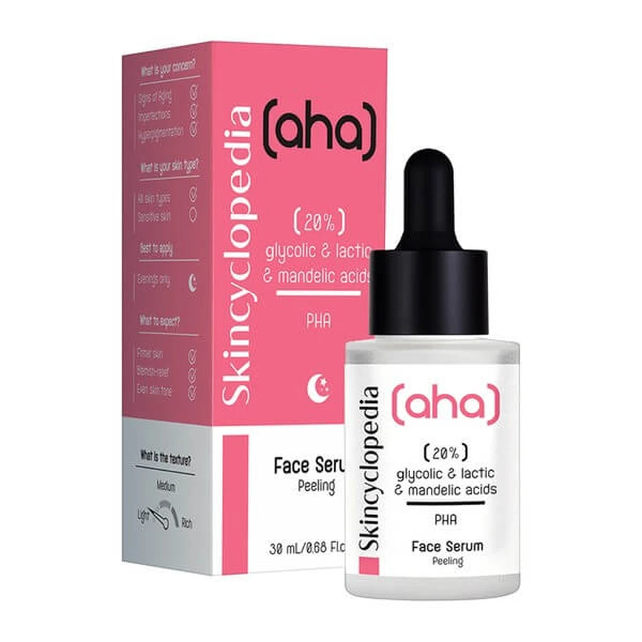 Skincyclopedia, ser de noapte exfoliant cu acid lactic, glicolic și mandelic, 30 ml