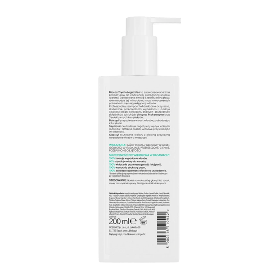 L'Biotica Biovax Trychologic Men, 2-in-1 shampoo voor haar- en baardverzorging, 200 ml