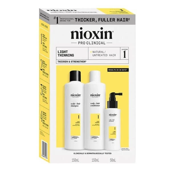 Nioxin System 1, set om natuurlijk, licht dunner wordend haar te versterken, shampoo 150 ml + conditioner 150 ml + serum 50 ml
