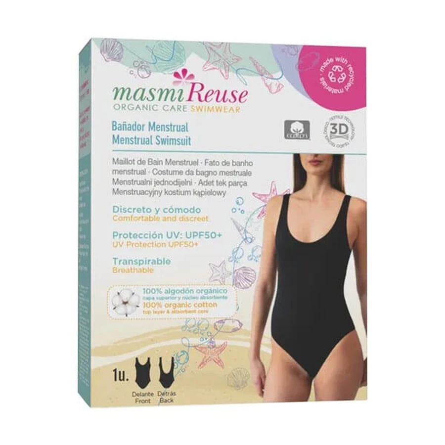 Masmi Reuse Traje de baño menstrual de una pieza UPF 50+, negro, talla XS, 1 pieza.