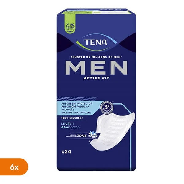 Set van 6 x TENA Men Active Fit, anatomische inlegzolen voor heren, niveau 1, 24 stuks.